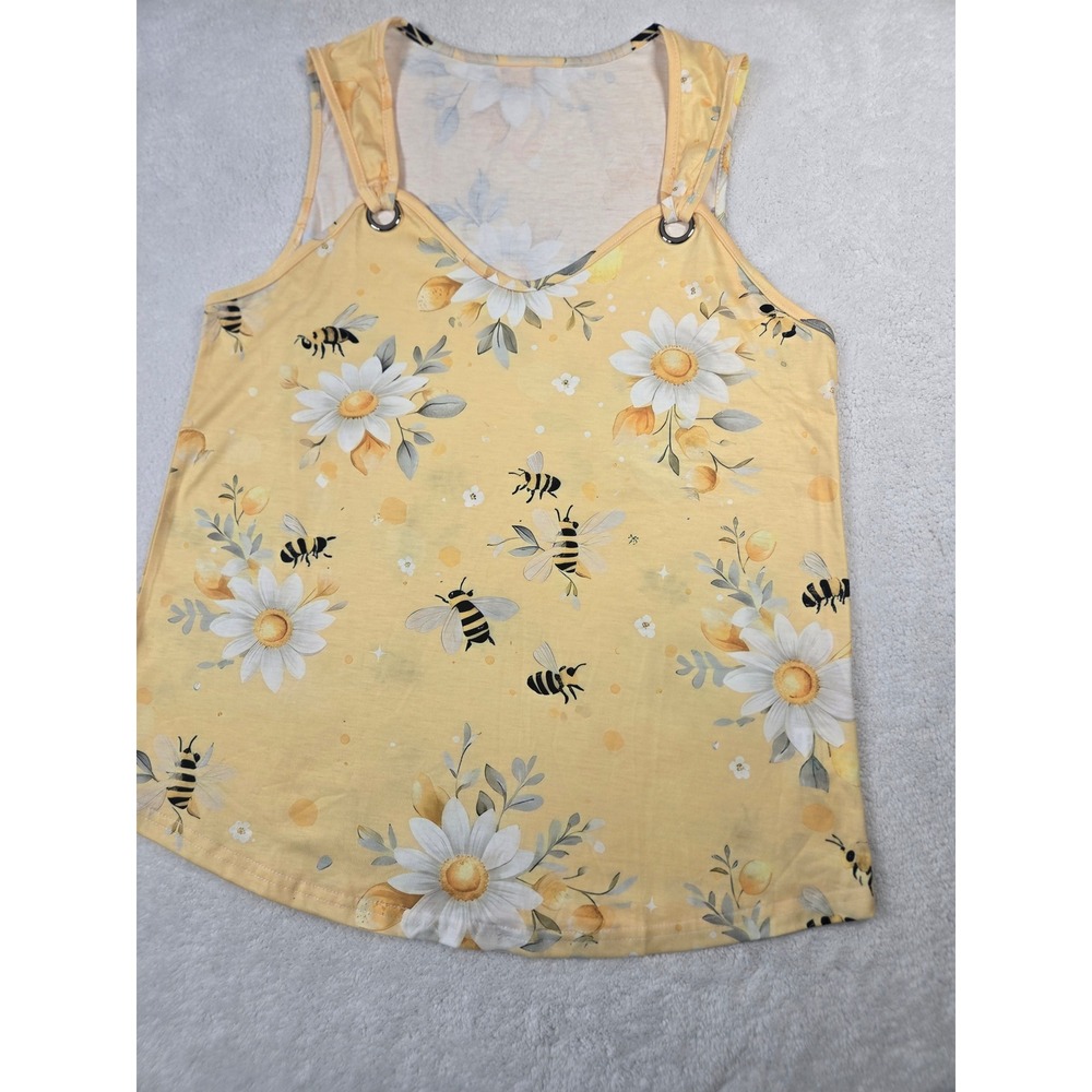 Yellow Bee Daisy Floral Tank Top Grommet V-Neck Sleeveless Summer Shirt Large